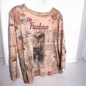 Vintage Y2K Floral Print Long Sleeve Top Bling rhinestone coquette shabby chic m